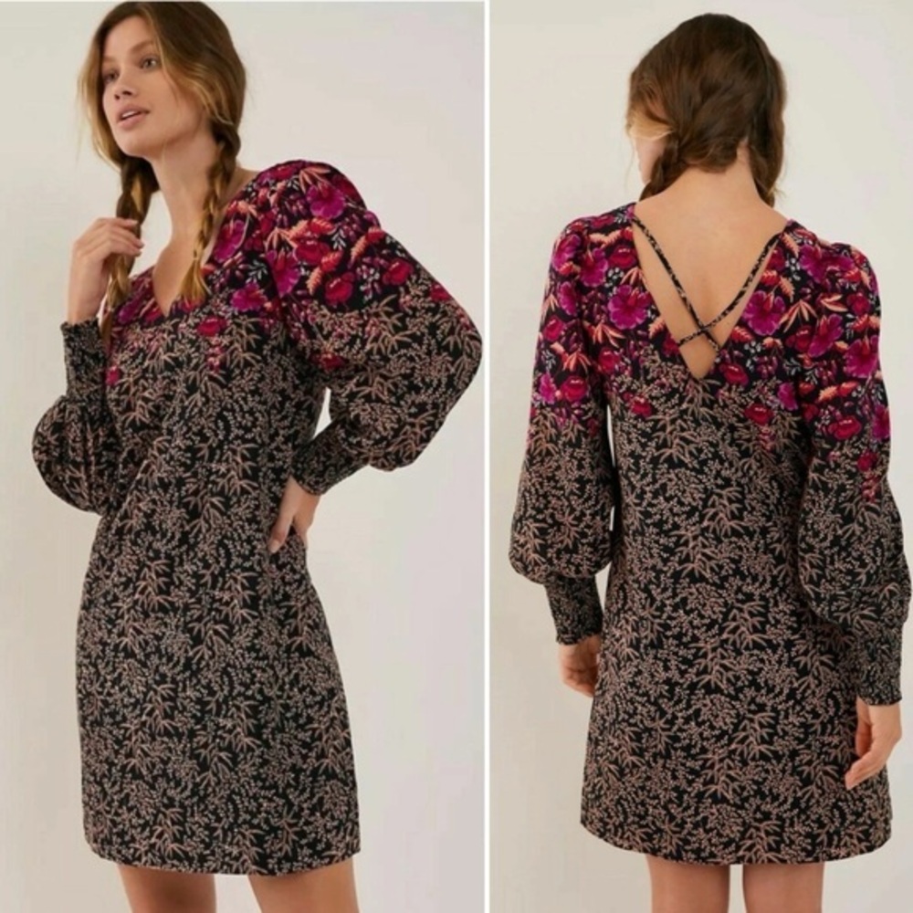 Anthropologie Cyree tunic mini dress floral black purple puff sleeves 6 - Picture 12 of 12